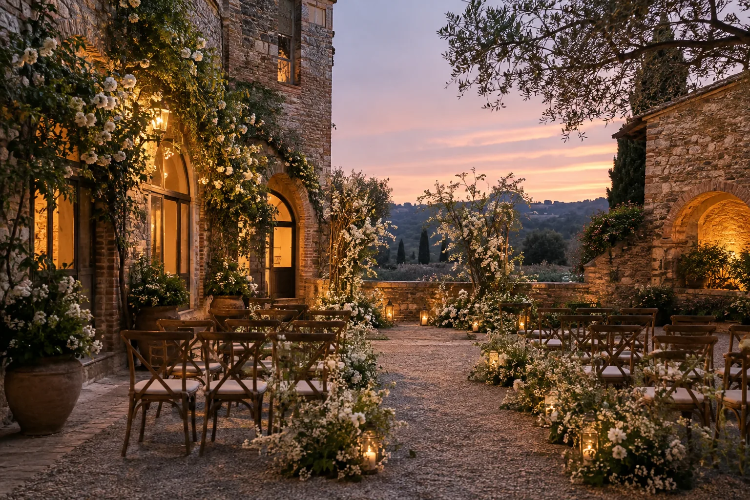 Wedding ceremony courtyard at sunset with clear entrance path