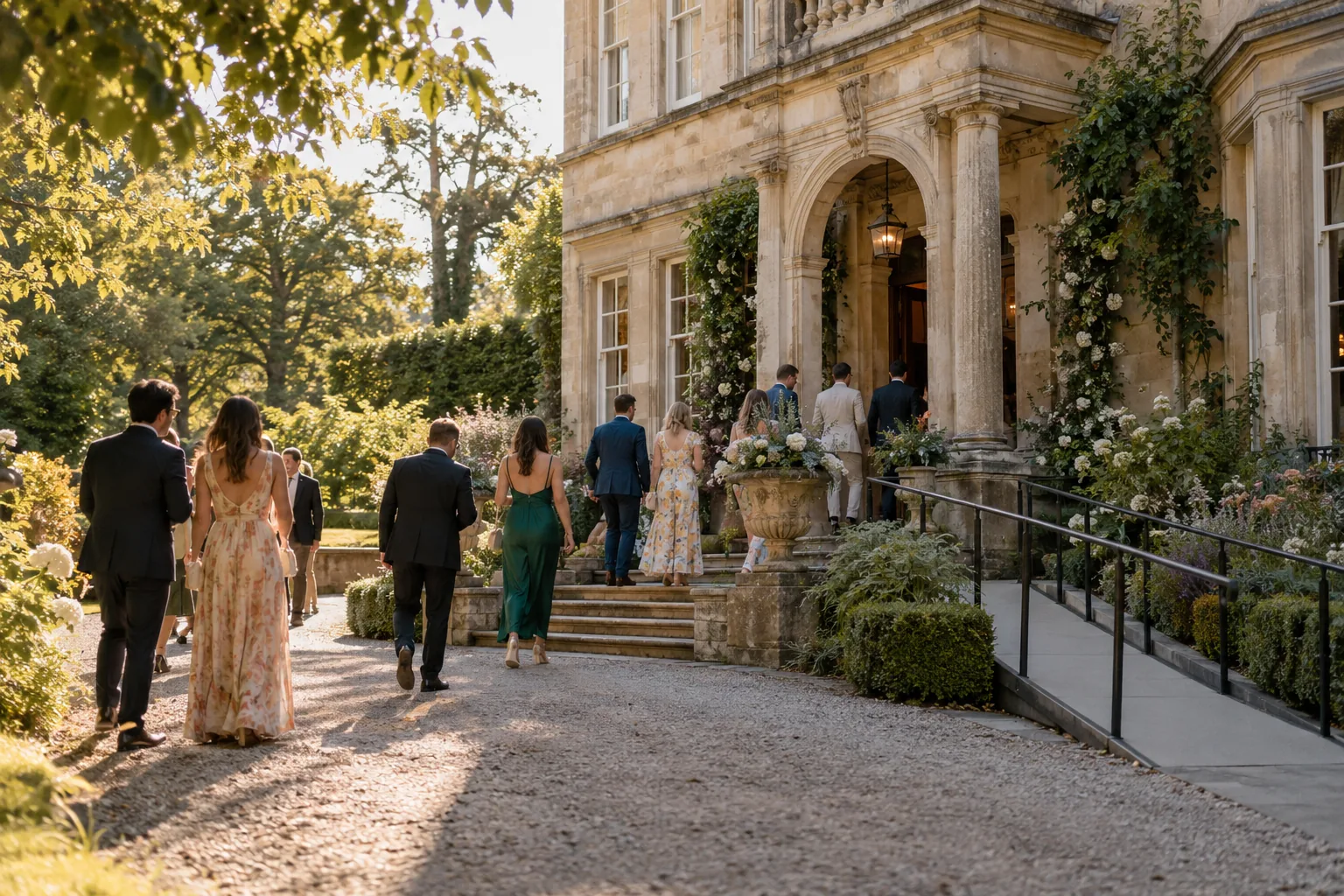 Guests approaching the entrance of a historic wedding venue